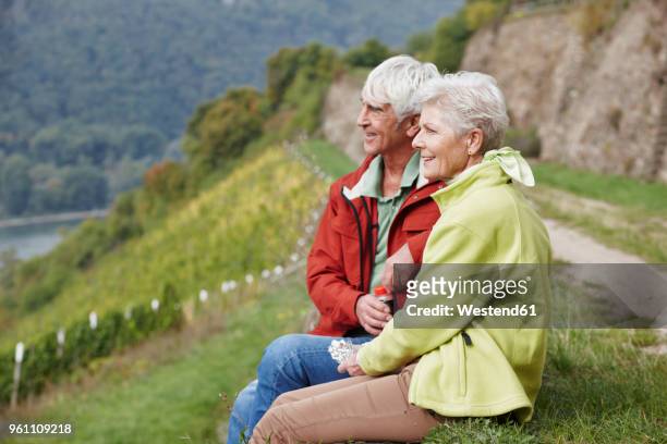 germany, rheingau, hiking senior couple having a rest - rheingau stock pictures, royalty-free photos & images