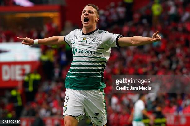 Julio Furch of Santos celebrates after scoring the first goal of his team during the Final second leg match between Toluca and Santos Laguna as part...