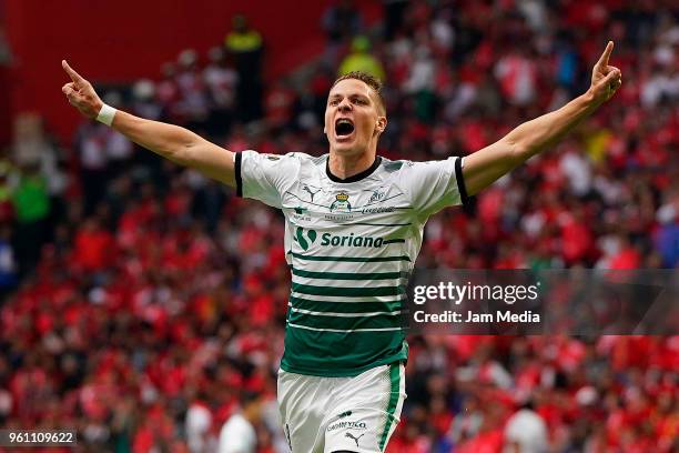 Julio Furch of Santos celebrates after scoring the first goal of his team during the Final second leg match between Toluca and Santos Laguna as part...