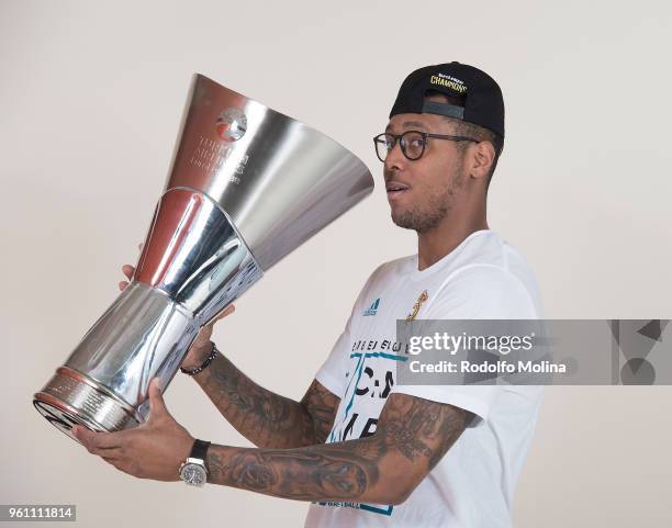 Trey Thompkins, #33 of Real Madrid poses during the 2018 Turkish Airlines EuroLeague F4 Champion Photo Session with Trophy at Stark Arena on May 20,...