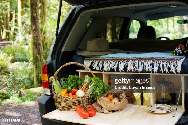 vegetables in basket at car trunk of suv - lago crescent fotografías e imágenes de stock