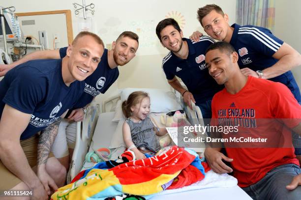 New England Revolution Cody Cropper, Matt Turner, Nicolas Samayoa, Kriztian Nemeth, and Brandon Bye visit with Macy at Boston Children's Hospital on...