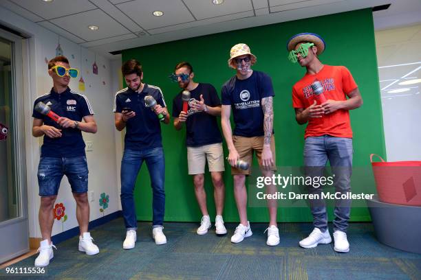 New England Revolution Kriztian Nemeth, Nicolas Samayoa, Matt Turner, Cody Cropper, and Brandon Bye lip sync for the kids at Boston Children's...