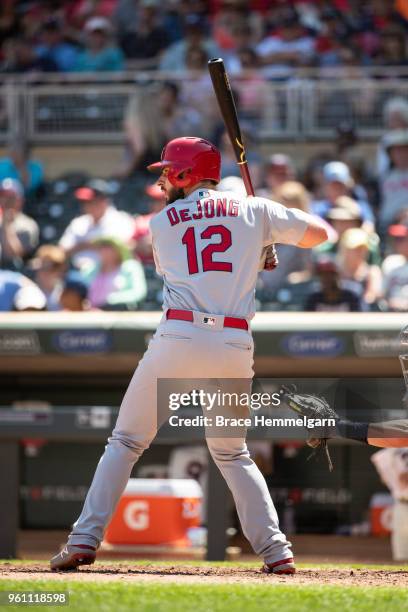 Paul DeJong of the St. Louis Cardinals bats against the Minnesota Twins on May 16, 2018 at Target Field in Minneapolis, Minnesota. The Cardinals...