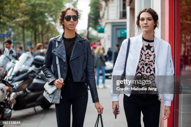 Model friends Yasmin Wijnaldum, Vittoria Ceretti after the Valentino show at Hotel Salomon Rothschild on October 02, 2016 in Paris, France. Yasmin...