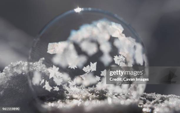 close-up of snow globe with snowflakes - bola de cristal com neve imagens e fotografias de stock