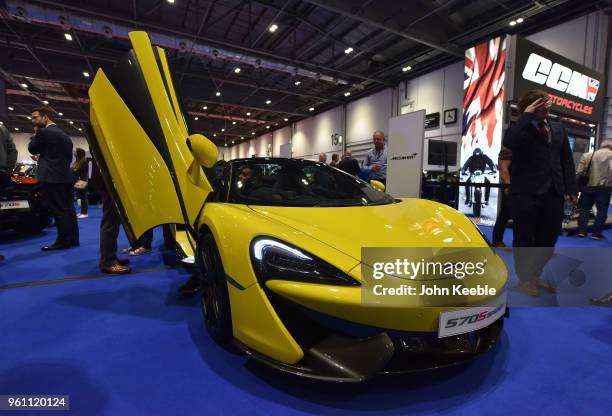 McLaren 570S Spider is displayed as part of the "Built in Britain" during the London Motor Show at ExCel on May 17, 2018 in London, England. The UK's...