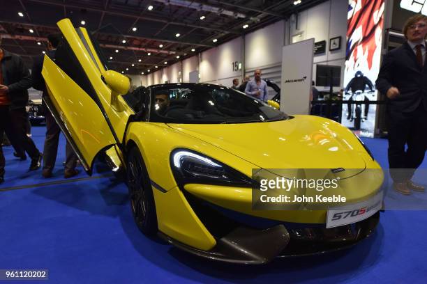 McLaren 570S Spider is displayed as part of the "Built in Britain" during the London Motor Show at ExCel on May 17, 2018 in London, England. The UK's...