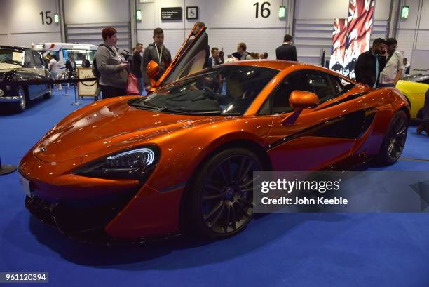 McLaren 570S is displayed as part of the "Built in Britain" during the London Motor Show at ExCel on May 17, 2018 in London, England. The UK's...