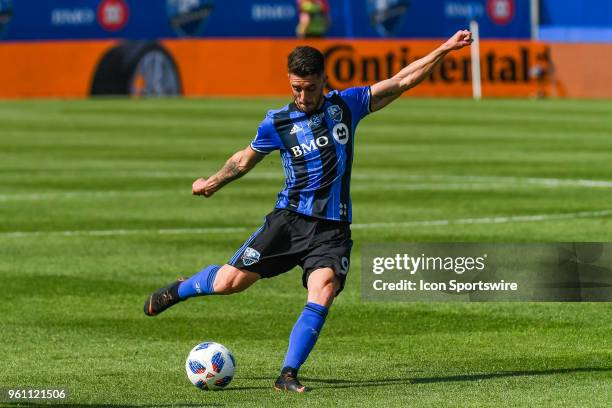 Montreal Impact midfielder Alejandro Silva kicks the ball during the LA Galaxy versus the Montreal Impact game on May 21 at Stade Saputo in Montreal,...