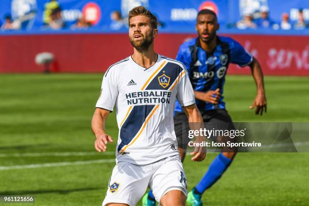 Los Angeles Galaxy defender Jorgen Skjelvik tracks the ball in the air during the LA Galaxy versus the Montreal Impact game on May 21 at Stade Saputo...