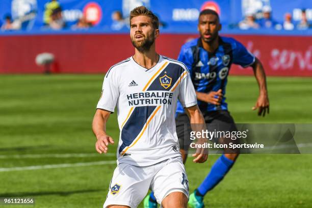 Los Angeles Galaxy defender Jorgen Skjelvik tracks the ball in the air during the LA Galaxy versus the Montreal Impact game on May 21 at Stade Saputo...