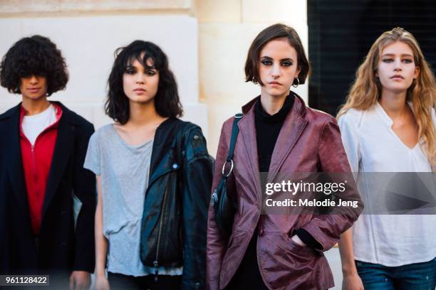 Models Tandi Reason Dahl, Gabrielle Rul, Chloe Nardin, Mariam de Vinzelle, after the Louis Vuitton show at Place Vendome on October 05, 2016 in...