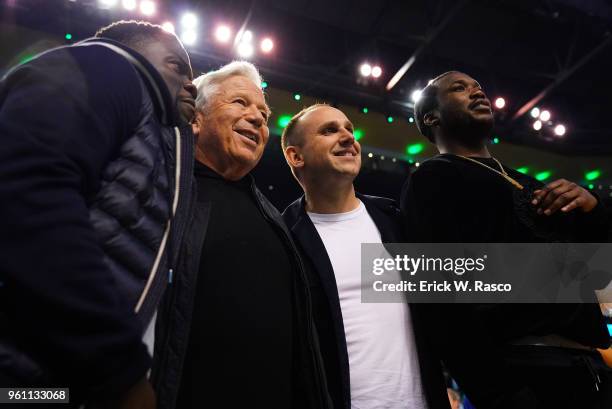 Playoffs: Comedian Kevin Hart, New England Patriots Robert Kraft, businessman Michael Rubin and rapper Meek Mill courtside during Boston Celtics vs...