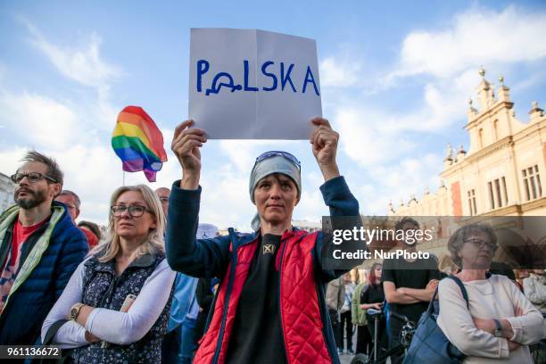 People join 'Solidarity with disabled' rally at the Main Square in Krakow, Poland on 21 May, 2018. Protesters support parents and their disabled...