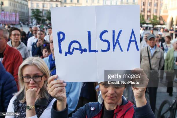 People join 'Solidarity with disabled' rally at the Main Square in Krakow, Poland on 21 May, 2018. Protesters support parents and their disabled...