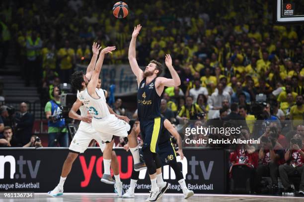 Sergio Llull, #23 of Real Madrid competes with Nicolo Melli, #4 of Fenerbahce Dogus Istanbul during the 2018 Turkish Airlines EuroLeague F4...