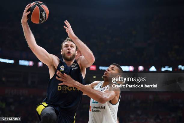 Nicolo Melli, #4 of Fenerbahce Dogus Istanbul competes with Walter Tavares, #22 of Real Madrid during the 2018 Turkish Airlines EuroLeague F4...