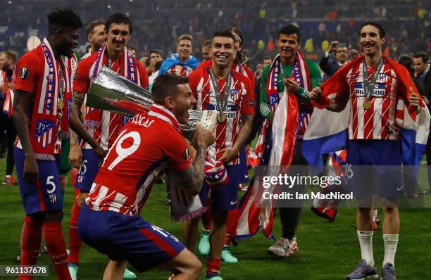 Lucas Hernandez of Athletico Madrid holds the trophy during the UEFA Europa League Final between Olympique de Marseille and Club Atletico de Madrid...