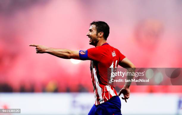 Gabi of Athletico Madrid celebrates scoring his team's third goal during the UEFA Europa League Final between Olympique de Marseille and Club...