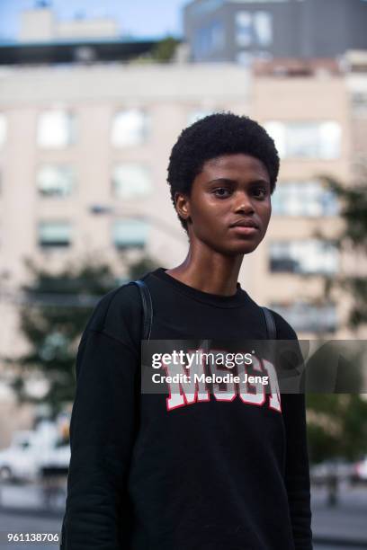 Model Image Ogbewi wears a black MSGM sweatshirt during New York Fashion Week Spring/Summer 2018 on September 8, 2017 in New York City.