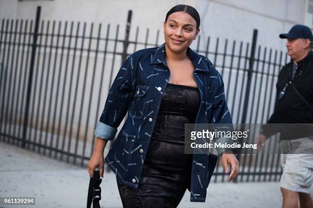 Model Paloma Elsesser wears a Supreme denim jacket and dress at the Area show during New York Fashion Week Spring/Summer 2018 on September 9, 2017 in...