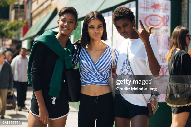 Models Ysaunny Brito, Haronid Vasquez, Amilna Estevao after the Public School show during New York Fashion Week Spring/Summer 2018 on September 10,...