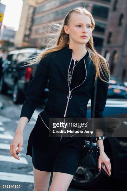 Model Leah Rodl wears a black 3.1 Phillip Lim outfit during New York Fashion Week Spring/Summer 2018 on September 11, 2017 in New York City.
