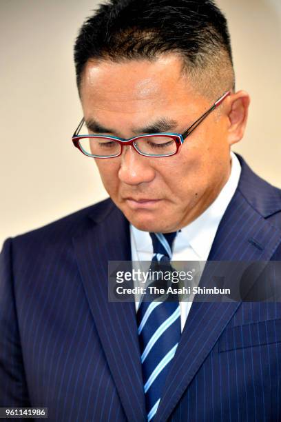 Yasutoshi Okuno, father of injured Kwansei Gakuin University quarter back, speaks during a press conference on May 21, 2018 in Osaka, Japan. The...