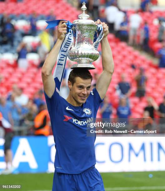 Chelsea's Cesar Azpilicueta with the trophy during the Emirates FA Cup Final match between Chelsea and Manchester United at Wembley Stadium on May...