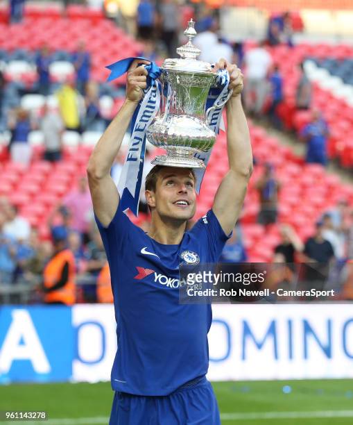 Chelsea's Cesar Azpilicueta with the trophy during the Emirates FA Cup Final match between Chelsea and Manchester United at Wembley Stadium on May...