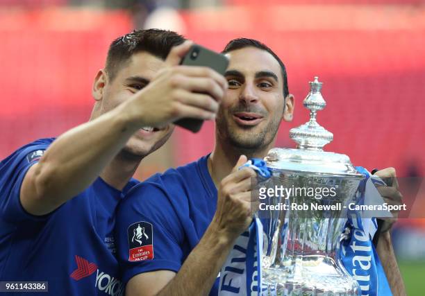 Chelsea's Alvaro Morata and Davide Zappacosta take a selfie with the cup during the Emirates FA Cup Final match between Chelsea and Manchester United...