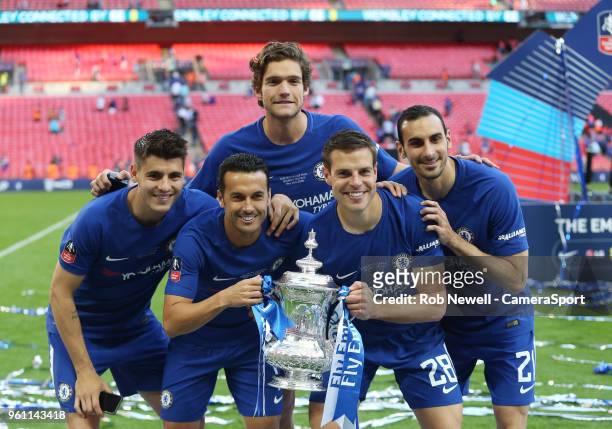 Chelsea's Alvaro Morata, Pedro, Marcos Alonso, Cesar Azpilicueta and Davide Zappacosta with the trophy during the Emirates FA Cup Final match between...