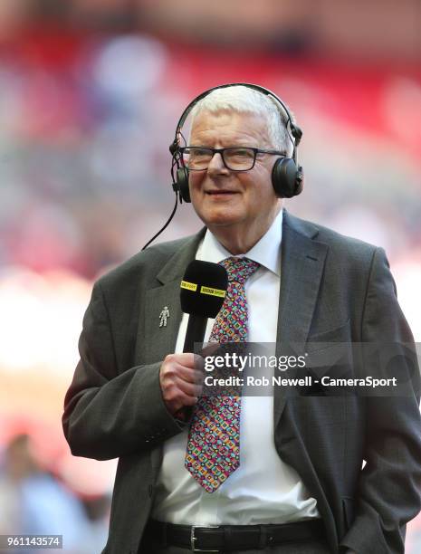 Commentator John Motson during the Emirates FA Cup Final match between Chelsea and Manchester United at Wembley Stadium on May 19, 2018 in London,...