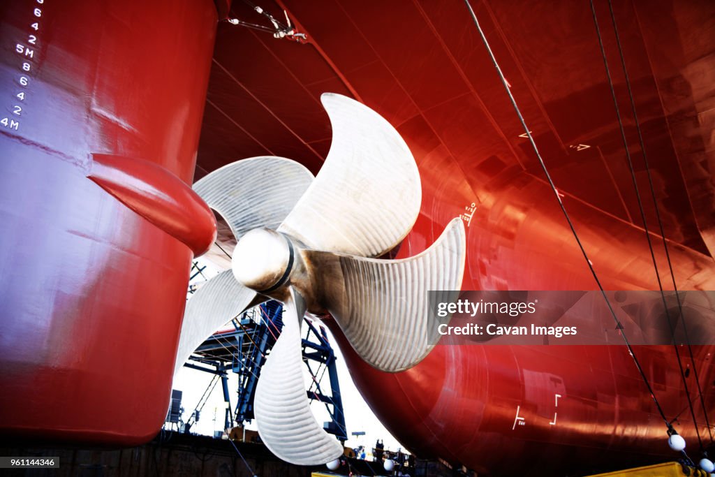Close-up of propeller on container ship