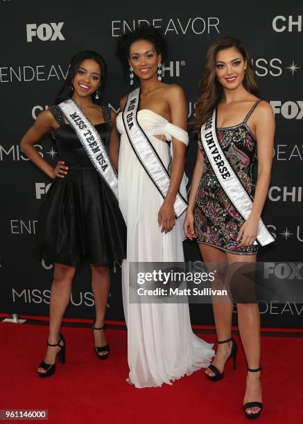 Miss Teen USA 2018 Hailey Colborn, Miss USA 2017 Kara McCullough and Miss Universe 2017 Demi-Leigh Nel-Peters pose for photos the red carpet at the...