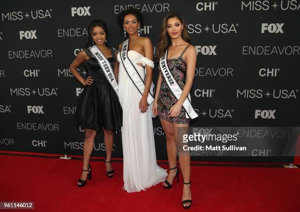 Miss Teen USA 2018 Hailey Colborn, Miss USA 2017 Kara McCullough and Miss Universe 2017 Demi-Leigh Nel-Peters pose for photos the red carpet at the...