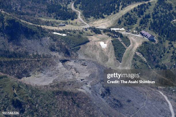 In this aerial image, a crator of Mt. Kusatsu-Shirane is seen on May 21, 2018 in Kusatsu, Gunma, Japan.