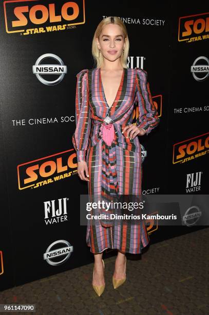 Emilia Clarke attends a screening of "Solo: A Star Wars Story" hosted by The Cinema Society with Nissan & FIJI Water at SVA Theater on May 21, 2018...