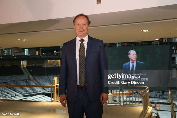 Milwaukee Bucks general manager Jon Horst introduces Mike Budenholzer as the team's new head coach during a press conference at the Wisconsin...