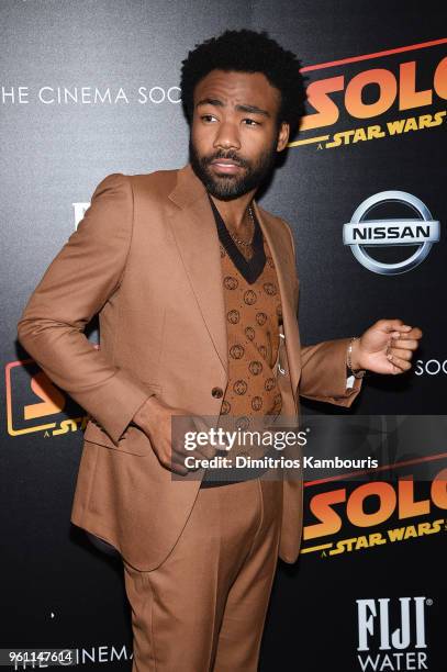 Donald Glover attends a screening of "Solo: A Star Wars Story" hosted by The Cinema Society with Nissan & FIJI Water at SVA Theater on May 21, 2018...
