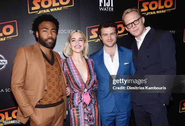 Donald Glover, Alden Ehrenreich, Emilia Clarke and Paul Bettany attend a screening of "Solo: A Star Wars Story" hosted by The Cinema Society with...