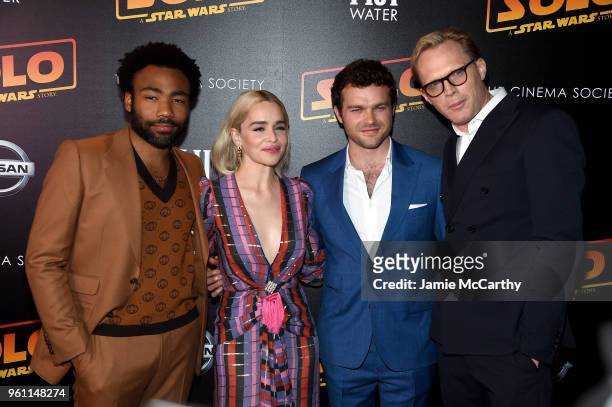Donald Glover, Emilia Clarke, Alden Ehrenreich and Paul Bettany attend a screening of "Solo: A Star Wars Story" New York Premiere on May 21, 2018 in...