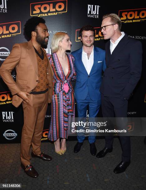 Donald Glover, Emilia Clarke, Alden Ehrenreich and Paul Bettany attend a screening of "Solo: A Star Wars Story" hosted by The Cinema Society with...