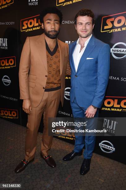 Donald Glover and Alden Ehrenreich attend a screening of "Solo: A Star Wars Story" hosted by The Cinema Society with Nissan & FIJI Water at SVA...