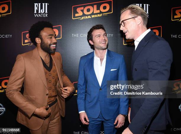 Donald Glover, Alden Ehrenreich and Paul Bettany attend a screening of "Solo: A Star Wars Story" hosted by The Cinema Society with Nissan & FIJI...