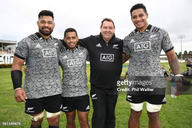 All Black coach Steve Hansen poses with the new caps Jordan Taufua, Te Toiroa Tahuriorangi and Shannon Frizell during a New Zealand All Blacks...