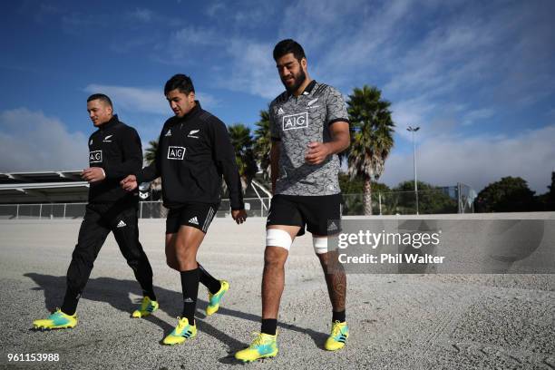 Sonny Bill Wiliams, Rieko Ioane and Akira Ioane of the All Blacks arrive for a New Zealand All Blacks training session at Auckland Blues HQ on May...