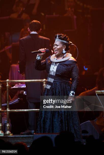 Brown Lindiwe Mkhize sings at 'Magic At The Musicals' concert, held at Royal Albert Hall on May 21, 2018 in London, England.