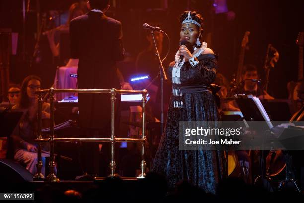 Brown Lindiwe Mkhize sings at 'Magic At The Musicals' concert, held at Royal Albert Hall on May 21, 2018 in London, England.